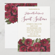 Watercolor Floral Red Gold Sweet 16 Cumpleaños