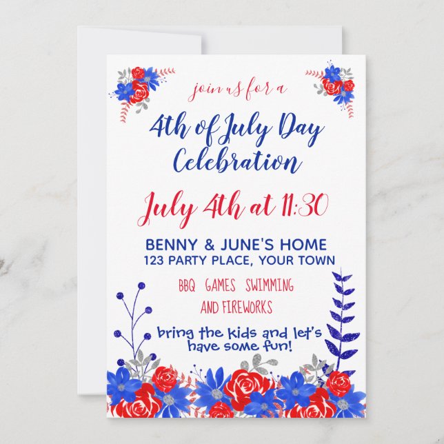 Invitación Watercolor Floral Rojo Blanco Azul Azul Moderno (Anverso)