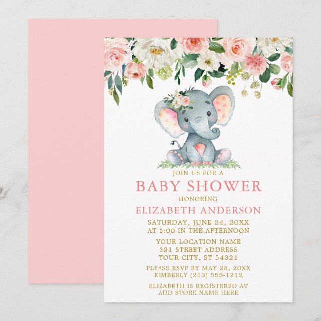 Invitación Watercolor Floral rosa Baby Shower Elephant Gold (Anverso / Reverso)