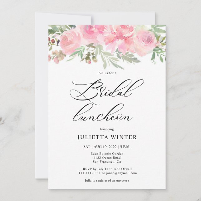 Invitación Watercolor Floral Rosa Bridal Luncheon (Anverso)