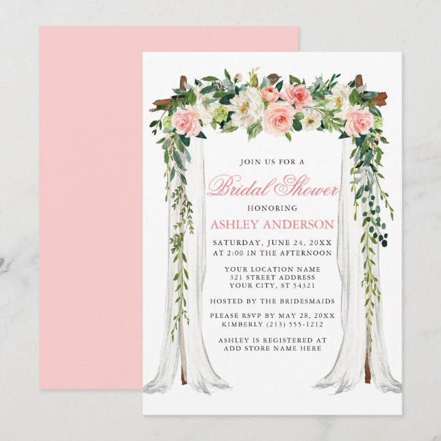 Invitación Watercolor Floral Rosa Canopa Bridal Shower (Anverso / Reverso)