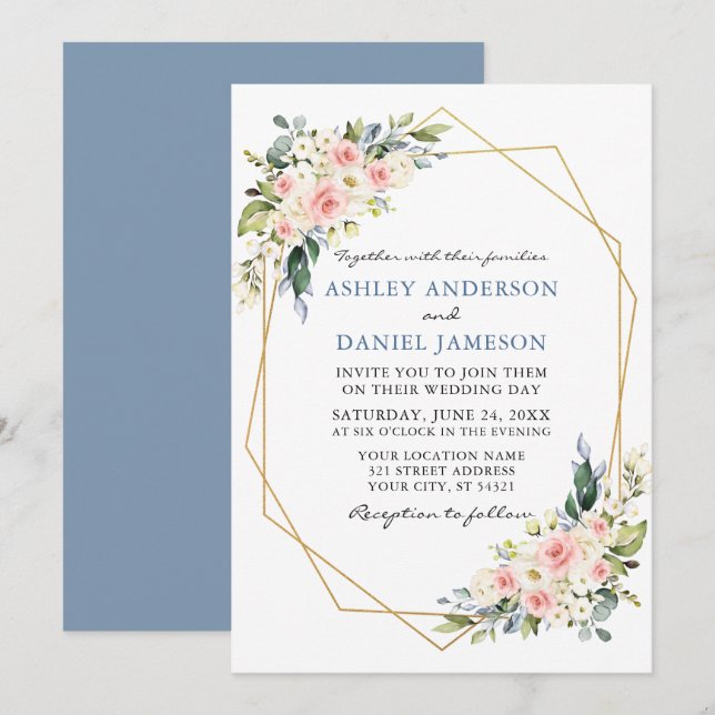 Invitación Watercolor Floral Rosa Dusty Azul Boda Geo (Anverso / Reverso)