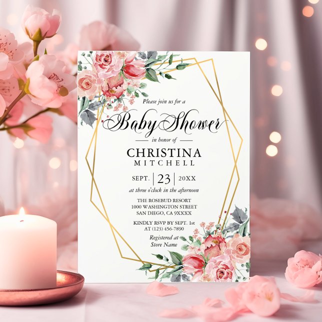 Invitación Watercolor Floral Rosa Dusty Rosa Baby Shower (Watercolor Floral Pink Dusty Rose Baby Shower Invitation)