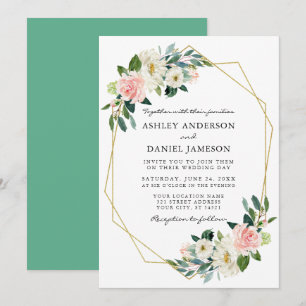 Invitación Watercolor Floral Rosa Elegante Marco Dorado Moned