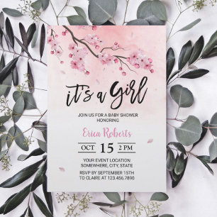 Invitación Watercolor Floral Rosa Floral Cherry Blossom Baby 