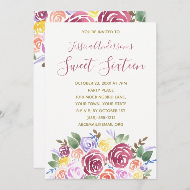 Invitación Watercolor Floral Rosa Gold Sweet 16 Cumpleaños (Anverso / Reverso)