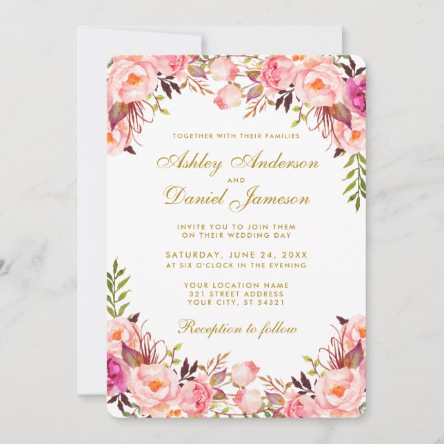 Invitación Watercolor Floral Rosa Rubor Boda Gold (Anverso)