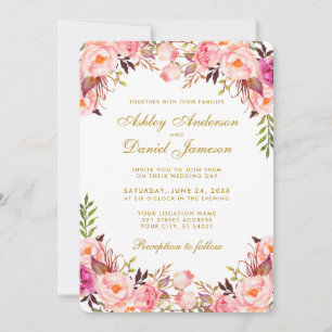 Invitación Watercolor Floral Rosa Rubor Boda Gold