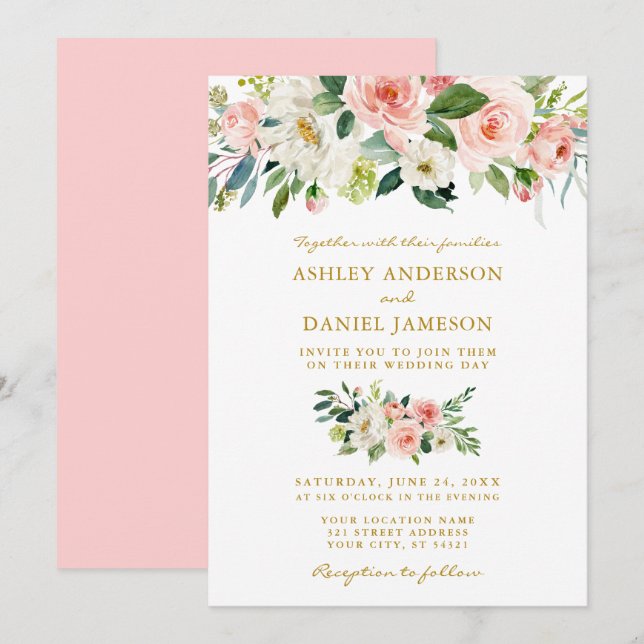 Invitación Watercolor Floral Rosa Rubor Boda Gold (Anverso / Reverso)