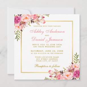 Invitación Watercolor Floral Rosa Rubor Gold Boda Card Sq