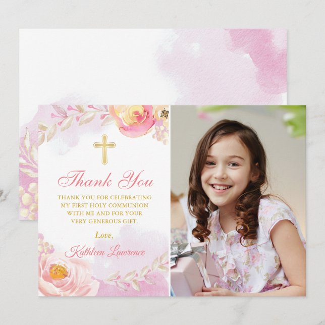 Invitación Watercolor Floral Rosa Santa Comunión Gracias (Anverso / Reverso)