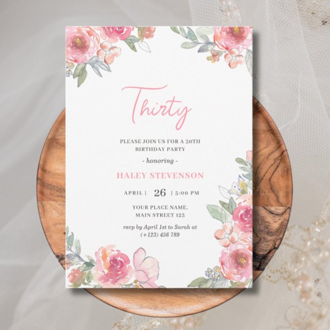 Invitación Watercolor Floral Rosa Treinta Moda Boho Cumpleaño (Subido por el creador)