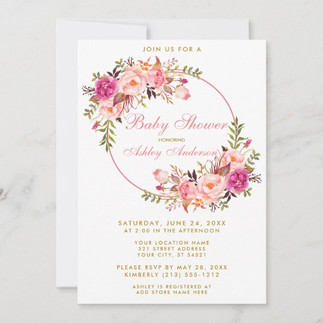 Invitación Watercolor Floral Rosa Wreath Gold Baby Shower (Anverso)