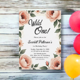 Invitación Watercolor Floral Rubor Rústico Rosa Primer cumple