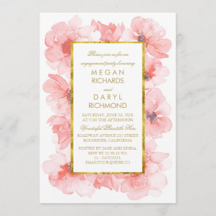 Invitación Watercolor Floral Rubor y Gold Engagement Party