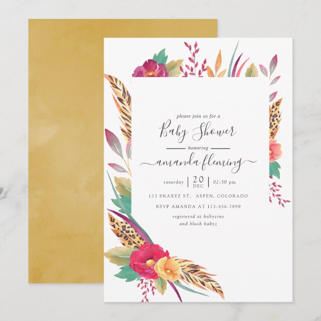 Invitación Watercolor Floral Safari Baby Shower (Anverso / Reverso)