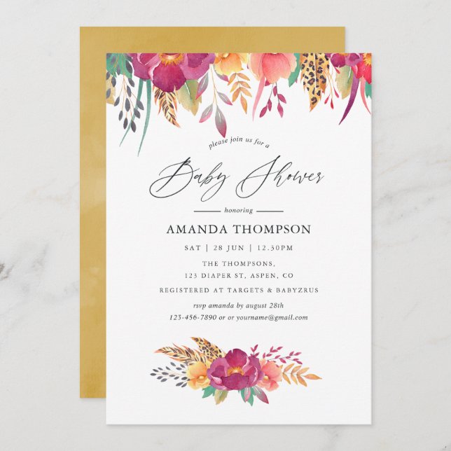 Invitación Watercolor Floral Safari Baby Shower (Anverso / Reverso)