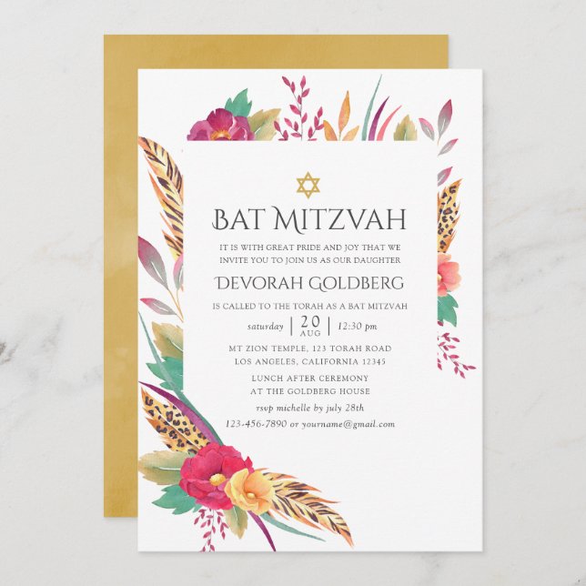 Invitación Watercolor Floral Safari Bat Mitzvah (Anverso / Reverso)