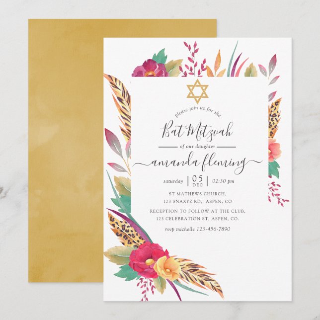 Invitación Watercolor Floral Safari Bat Mitzvah (Anverso / Reverso)