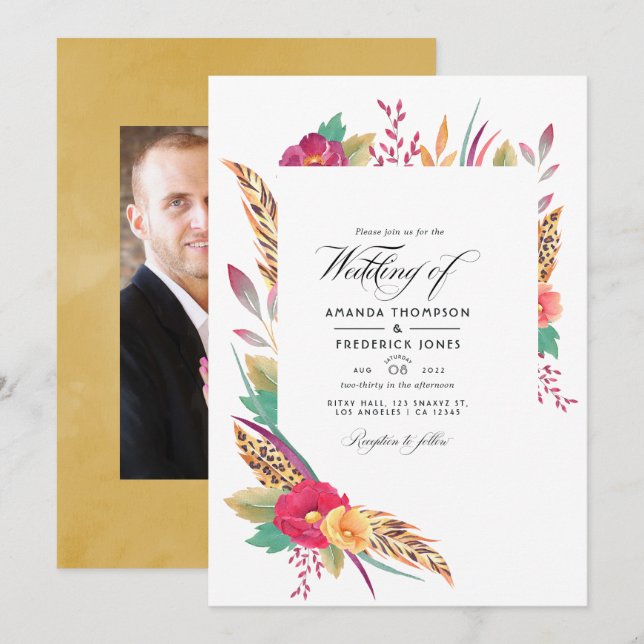 Invitación Watercolor Floral Safari Boda foto (Anverso / Reverso)