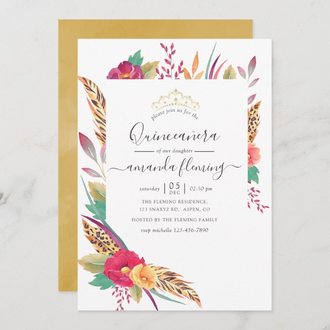 Invitación Watercolor Floral Safari Quinceañera (Anverso / Reverso)