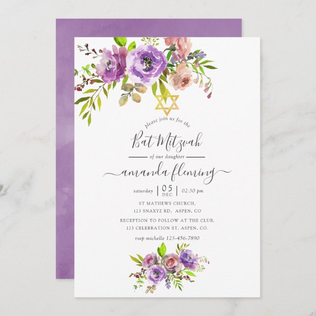 Invitación Watercolor Floral Spring Bat Mitzvah (Anverso / Reverso)