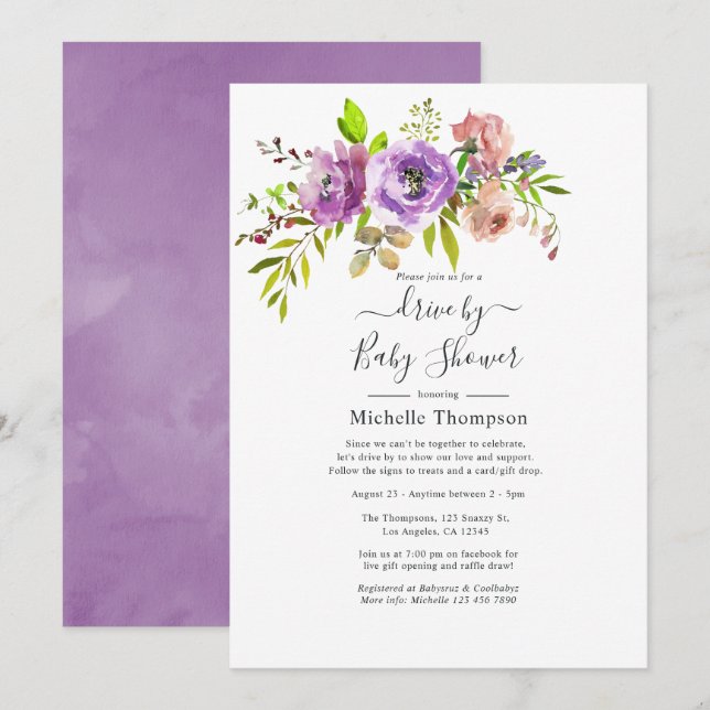 Invitación Watercolor Floral Spring Drive By Shower (Anverso / Reverso)