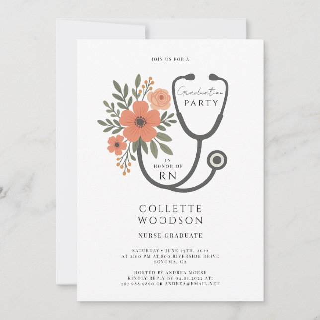 Invitación Watercolor Floral Stethoscope Nurse Graduation (Anverso)
