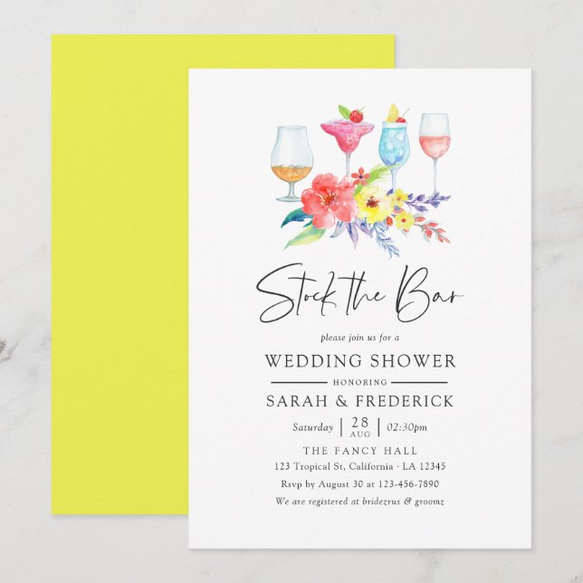 Invitación Watercolor Floral Stock the Bar (Anverso / Reverso)