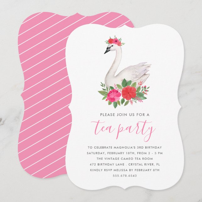 Invitación Watercolor Floral Swan Princess Birthday Tea Fiest (Anverso / Reverso)