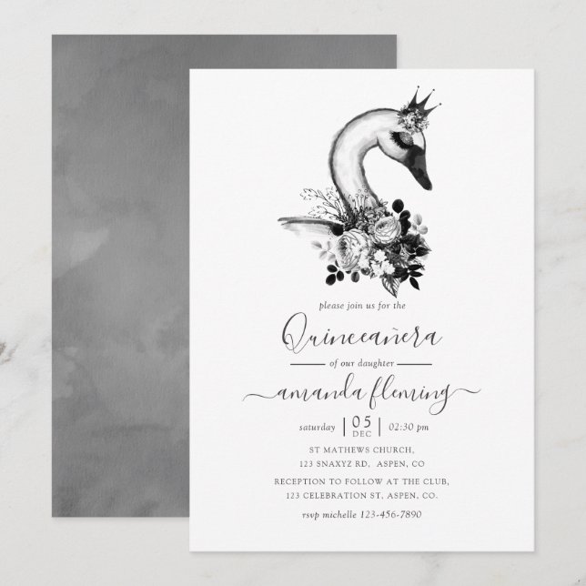 Invitación Watercolor Floral Swan Quinceañera (Anverso / Reverso)