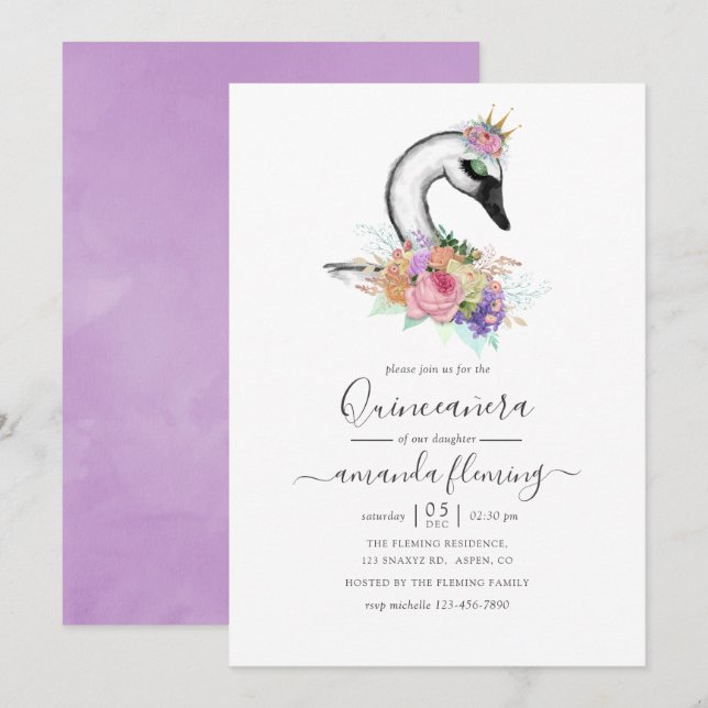 Invitación Watercolor Floral Swan Quinceañera (Anverso / Reverso)