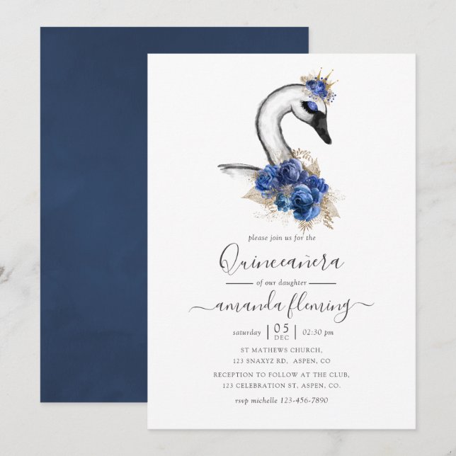 Invitación Watercolor Floral Swan Quinceañera (Anverso / Reverso)