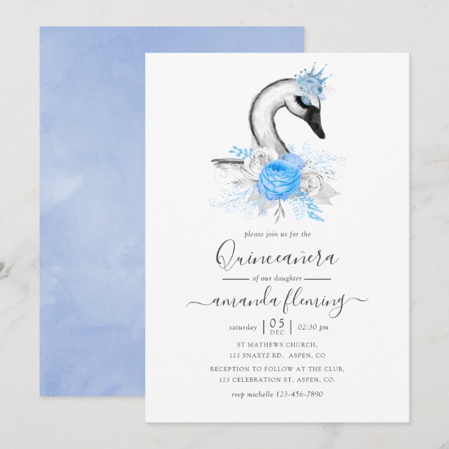 Invitación Watercolor Floral Swan Quinceañera (Anverso / Reverso)