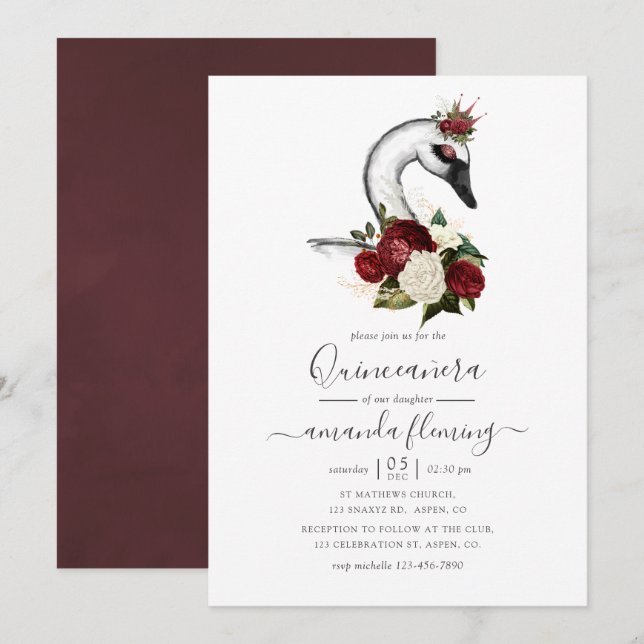 Invitación Watercolor Floral Swan Quinceañera (Anverso / Reverso)