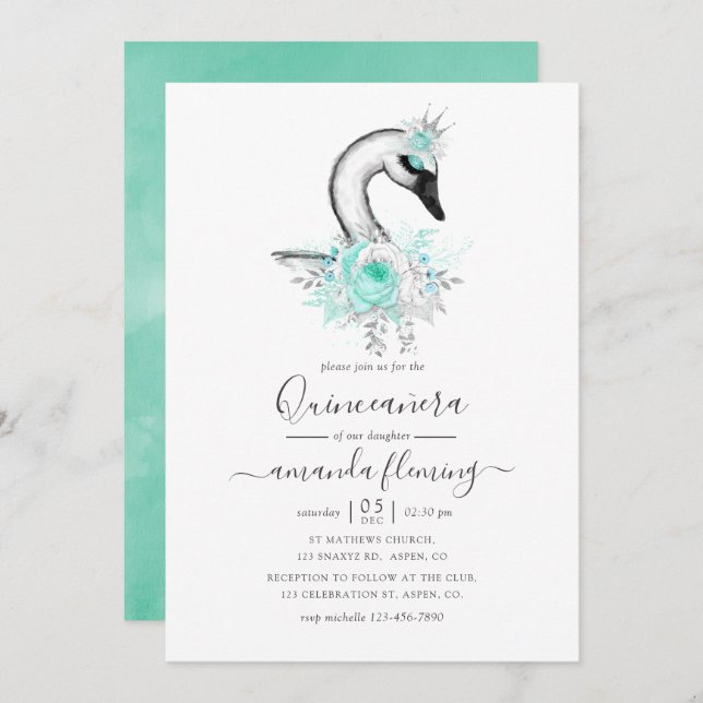 Invitación Watercolor Floral Swan Quinceañera (Anverso / Reverso)