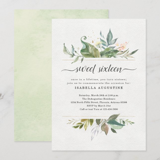 Invitación Watercolor Floral Sweet Dieciséis cumpleaños (Anverso / Reverso)
