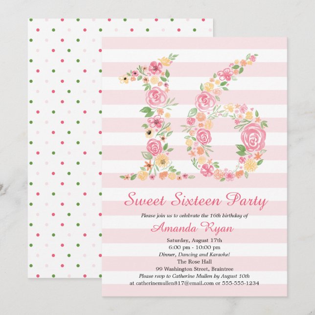 Invitación Watercolor Floral Sweet Dieciséis Cumpleaños (Anverso / Reverso)