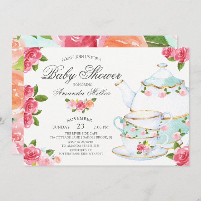 Invitación Watercolor Floral Tea Baby Shower (Anverso / Reverso)