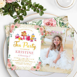 Invitación Watercolor Floral Tea Fiesta Chicas Foto de cumple