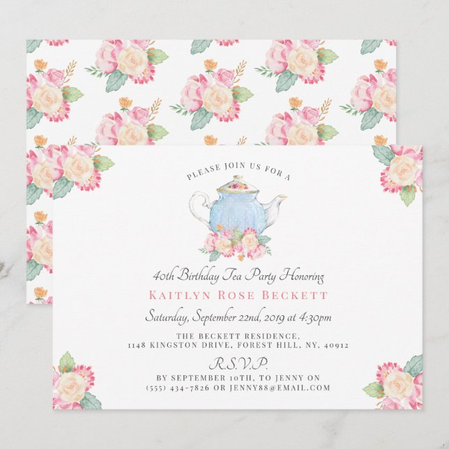 Invitación Watercolor Floral Tea Fiesta | Cumpleaños (Anverso / Reverso)