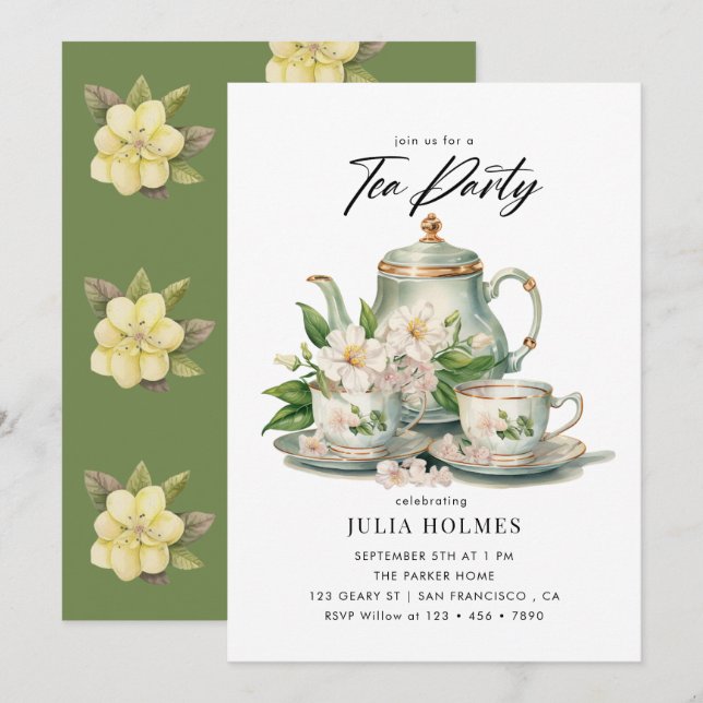 Invitación Watercolor Floral Teacup Tea Fiesta (Anverso / Reverso)