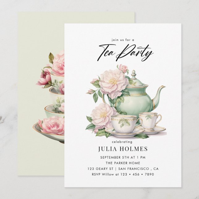 Invitación Watercolor Floral Teacup Tea Fiesta (Anverso / Reverso)