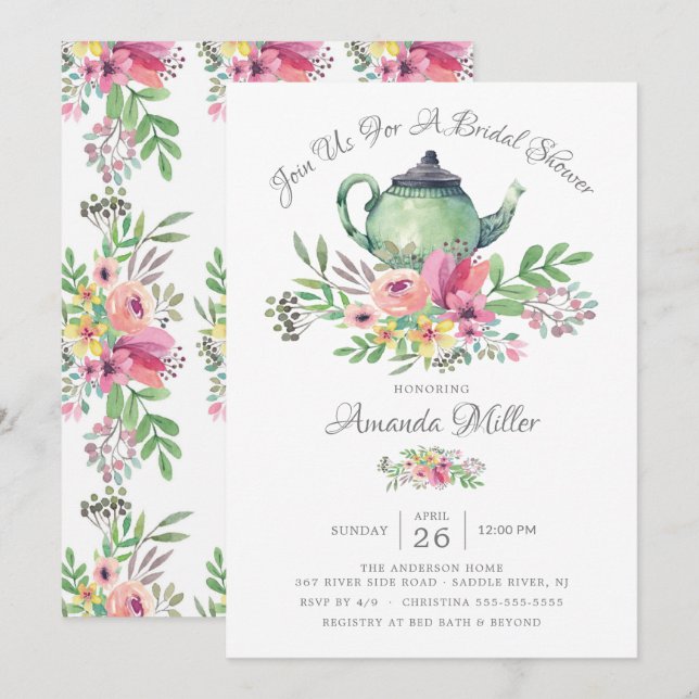 Invitación Watercolor Floral Teapot Bridal Shower (Anverso / Reverso)