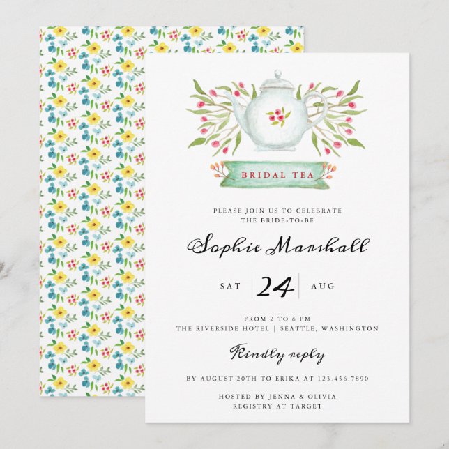 Invitación Watercolor Floral Teapot Bridal Shower (Anverso / Reverso)