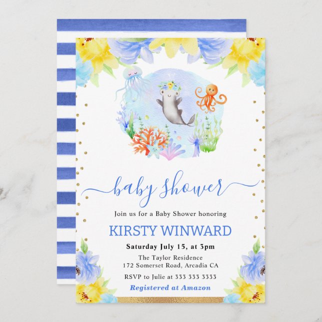 Invitación Watercolor Floral Underwater Animals Baby Shower (Anverso / Reverso)