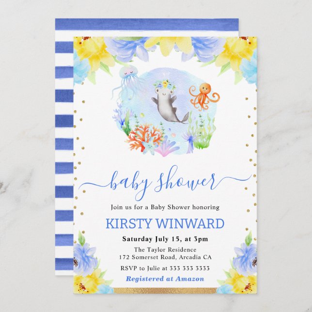 Invitación Watercolor Floral Underwater Animals Baby Shower (Anverso / Reverso)