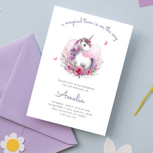 Invitación Watercolor Floral Unicornio Partido de Cumpleaños 