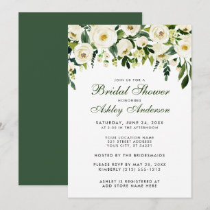 Invitación Watercolor Floral Verde Blanco Brillante Ducha G