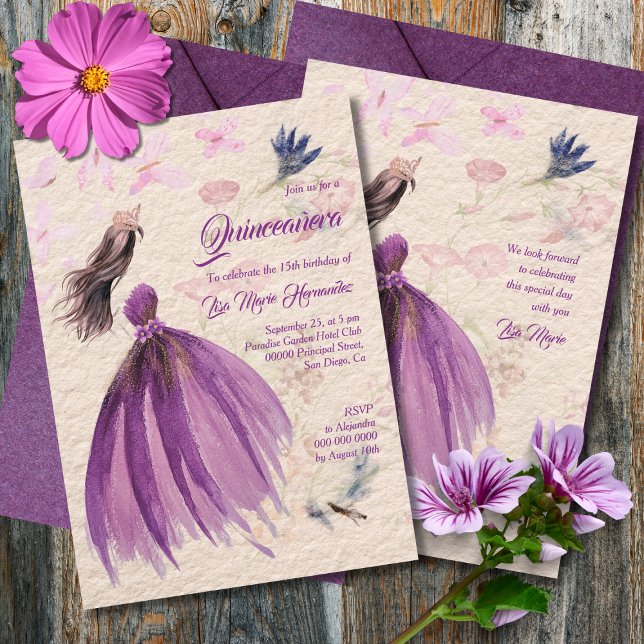 Invitación Watercolor Floral Violeta Tones Quinceañera (Subido por el creador)